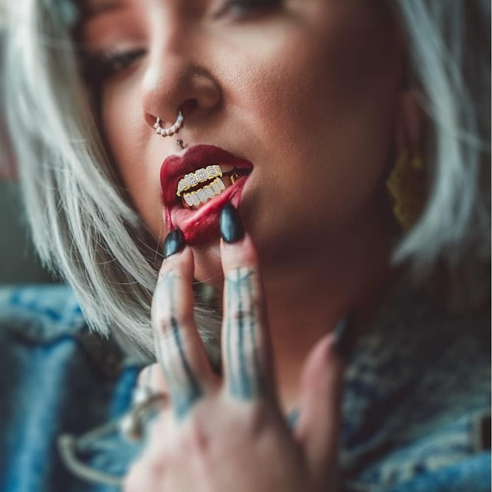 18K Gold Plated Iced out CZ Fang Top Bottom Mouth Teeth Grills Set (SILVER BOTTOM) - Image 3