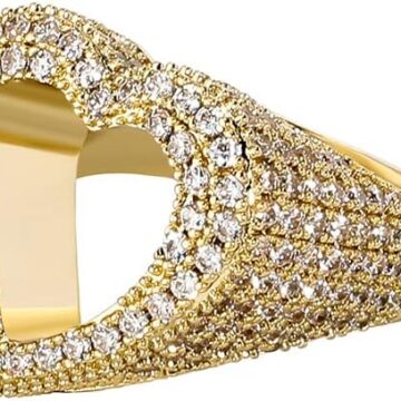 Hollow Heart Ring 14K Gold Plated Iced Out Lab Simulated Diamond Cubic Zirconia Eternity Wedding Band Ring for Men Women