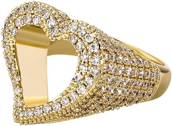 Hollow Heart Ring 14K Gold Plated Iced Out Lab Simulated Diamond Cubic Zirconia Eternity Wedding Band Ring for Men Women