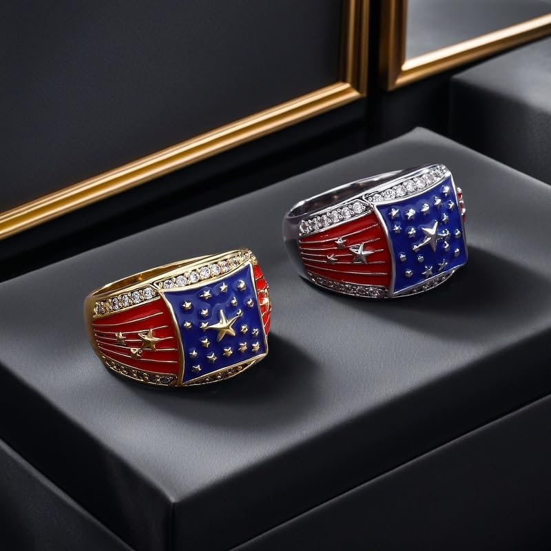 American Flag Rings for Men 14K Gold-Plated - Patriotic Chunky Ring with 5A Cubic Zirconia Border & Oil Painting Craft, Mens Fashion Jewelry 7-11 - Image 3