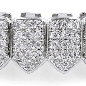 18K Gold Plated Iced out CZ Fang Top Bottom Mouth Teeth Grills Set (SILVER BOTTOM)