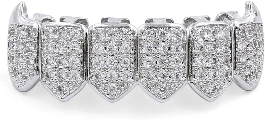 18K Gold Plated Iced out CZ Fang Top Bottom Mouth Teeth Grills Set (SILVER BOTTOM)