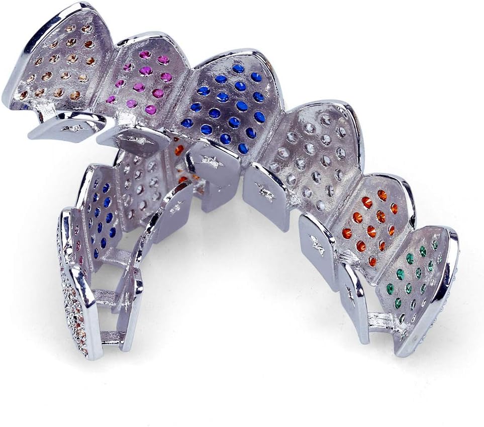 Silver Rainbow Diamond Grills for Your Teeth for Men Women 18K Gold Plated Iced Out Macro Pave Cubic Zirconia Mouth Grillz with Extra Molding Bars Included (Rainbow-S set) - Image 3