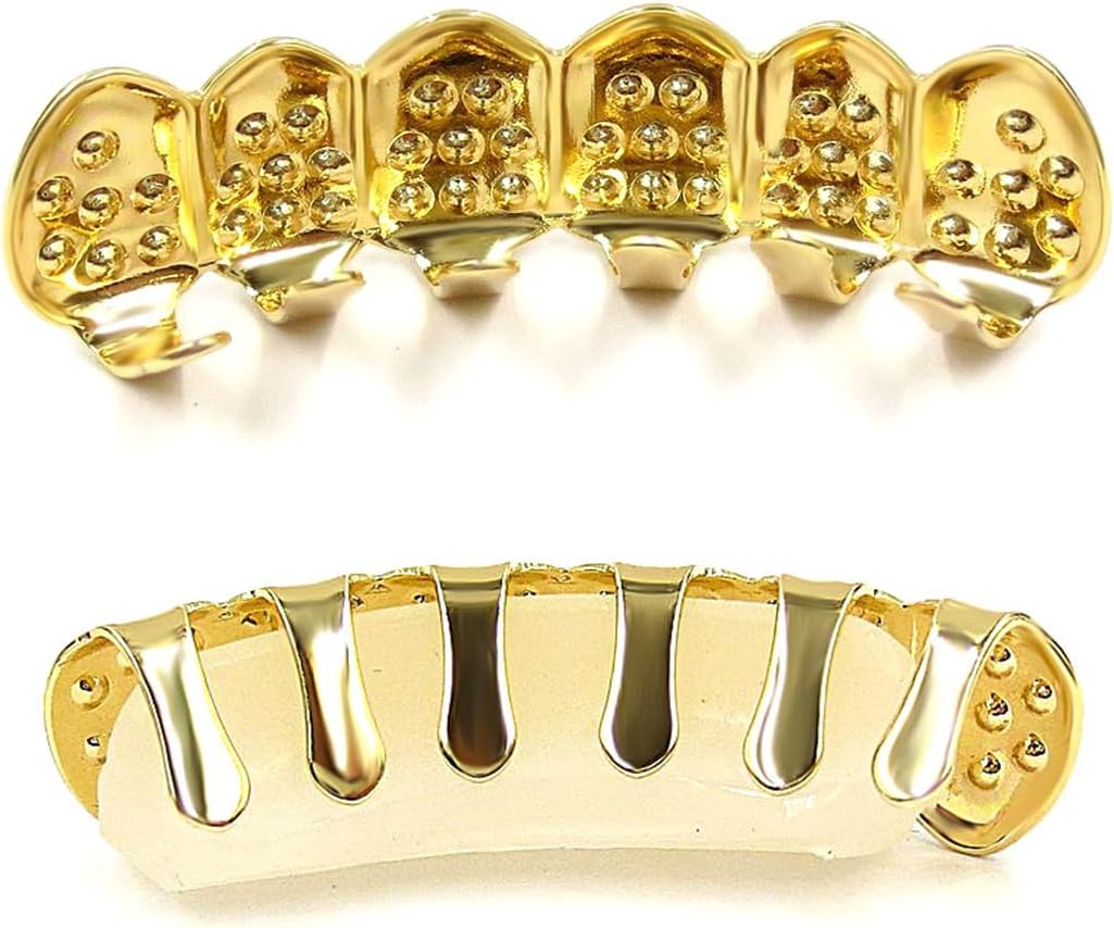 Diamond Grills for Your Teeth 14K Gold Plated Iced Out Mouth Teeth Grillz Top Bottom Tooth Caps Hip Hop Bling New Gold Silver Grill for Men Women Costume Jewelry - Image 3