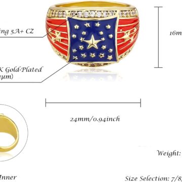 Alternative view of American Flag Rings for Men 14K Gold-Plated - Patriotic Chunky Ring with 5A Cubic Zirconia Border & Oil Painting Craft, Mens Fashion Jewelry 7-11