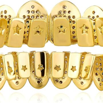 Alternative view of 18K Gold Plated Heart Grillz for Teeth with Iced Diamond CZ 6 Teeth for Men Women Rapper Costume Extra Molding Bars