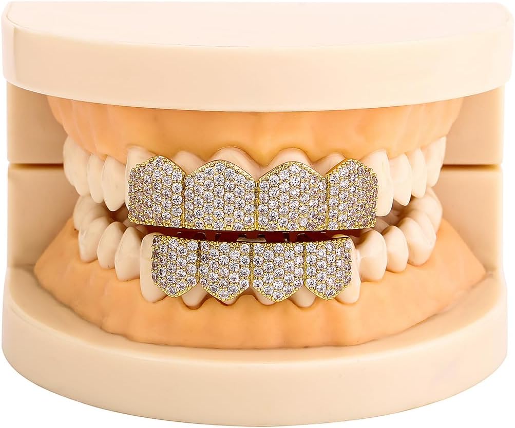 4 Tooth Grills for Your Teeth 14K Gold Plated Iced Out Cubic Zirconia Top Teeth Bottom Grillz Hip Hop Mouth Grill for Men and Women (Gold Iced Out 4 Tooth Grillz) - Image 5