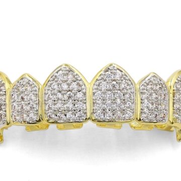 18K Gold Plated Iced Out CZ Grillz Fang Top Bottom Mouth Teeth Grills Set for Men Women