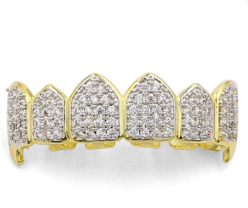 18K Gold Plated Iced Out CZ Grillz Fang Top Bottom Mouth Teeth Grills Set for Men Women