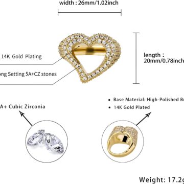 Alternative view of Hollow Heart Ring 14K Gold Plated Iced Out Lab Simulated Diamond Cubic Zirconia Eternity Wedding Band Ring for Men Women