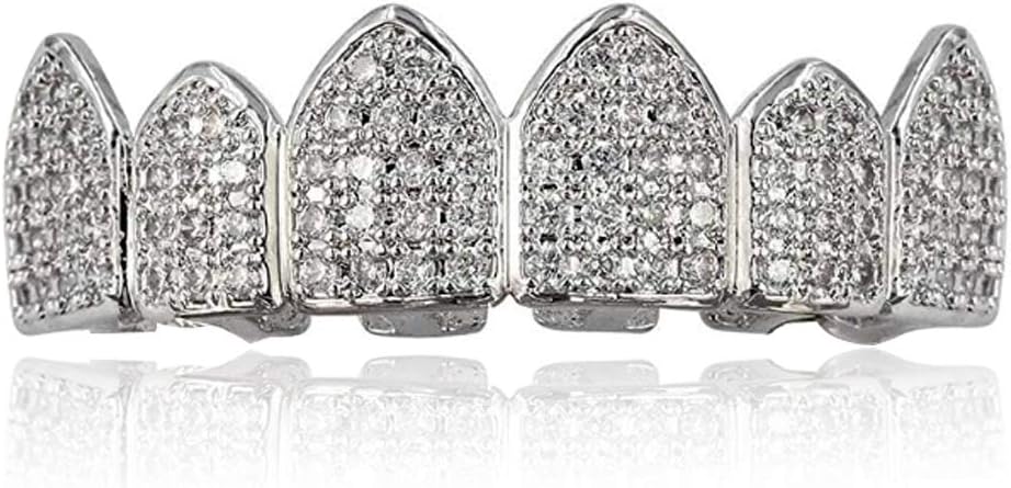 Grillz Diamond Grills for Your Teeth for Men Women 18K Gold Plated Iced Out Macro Pave Cubic Zirconia Mouth Grill with Extra Molding Bars Included