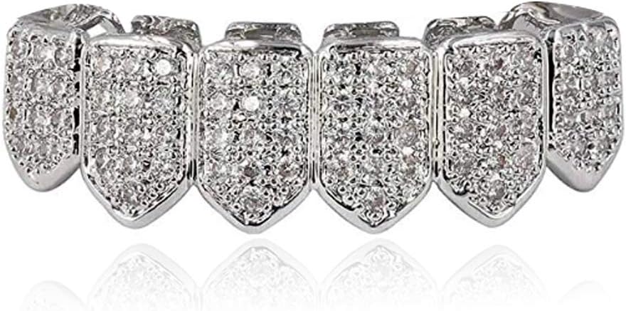 Grillz Diamond Grills for Your Teeth for Men Women 18K Gold Plated Iced Out Macro Pave Cubic Zirconia Mouth Grill with Extra Molding Bars Included