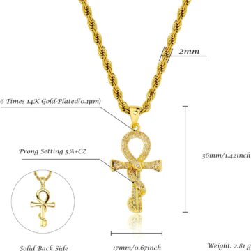 Alternative view of Ankh Cross Necklace for Men 14K Gold Plated - Snake Coiled Egyptian Symbol Cross Pendant with 5A Cubic Zirconia, 24" Rope Chain Men??s Jewelry