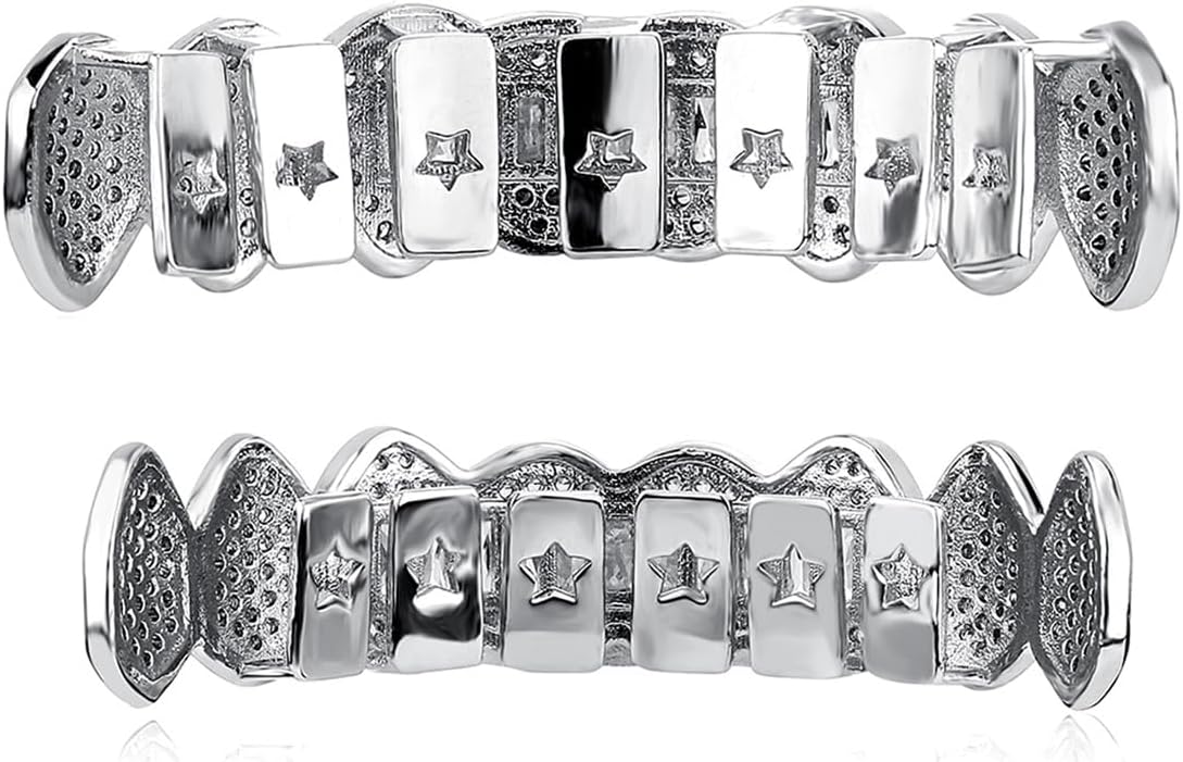 8 Tooth Grillz 14K Gold Plated Iced Out Baguette Round Simulated Diamond Grills for Your Teeth for Men Women - Image 3