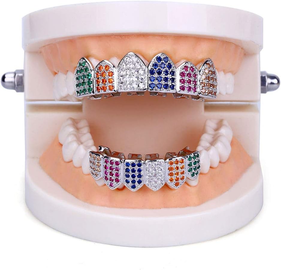 Silver Rainbow Diamond Grills for Your Teeth for Men Women 18K Gold Plated Iced Out Macro Pave Cubic Zirconia Mouth Grillz with Extra Molding Bars Included (Rainbow-S set) - Image 5