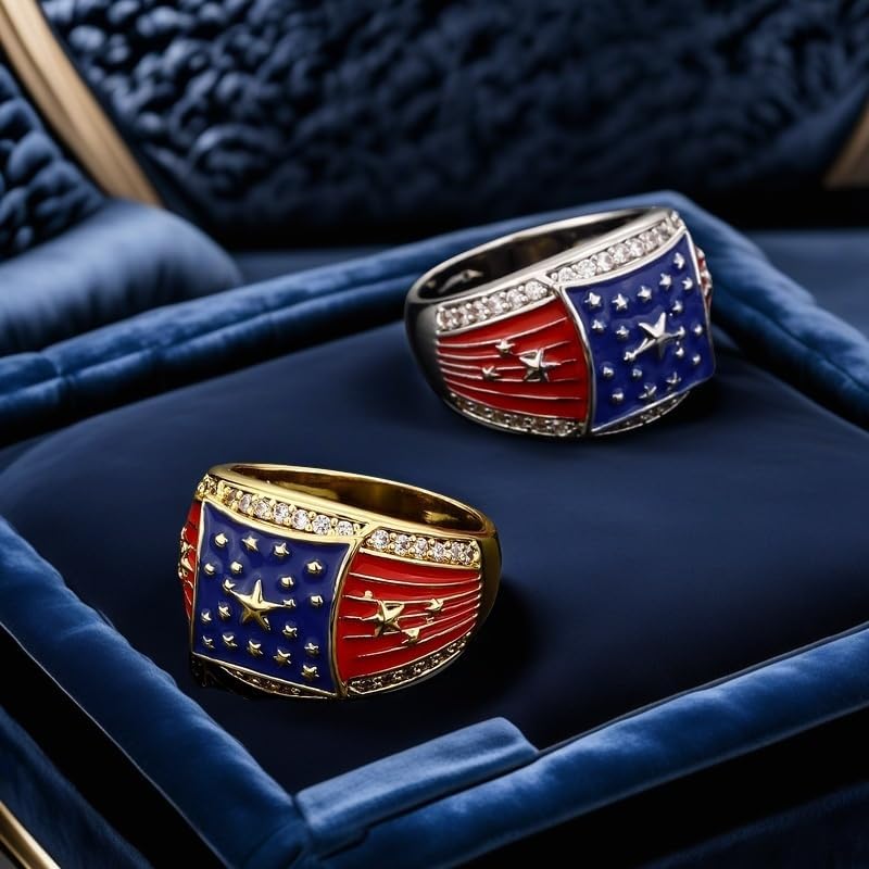 American Flag Rings for Men 14K Gold-Plated - Patriotic Chunky Ring with 5A Cubic Zirconia Border & Oil Painting Craft, Mens Fashion Jewelry 7-11 - Image 4