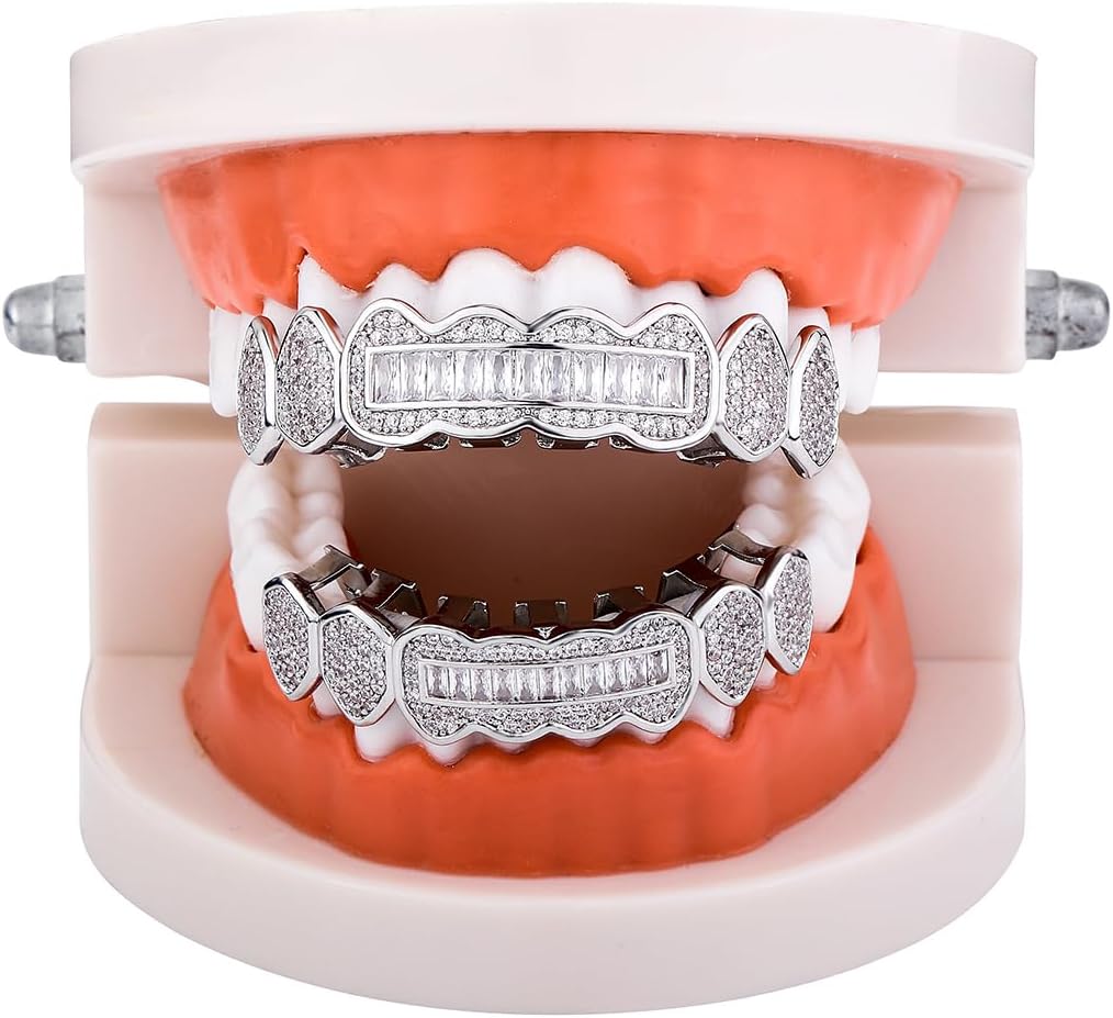 8 Tooth Grillz 14K Gold Plated Iced Out Baguette Round Simulated Diamond Grills for Your Teeth for Men Women - Image 5