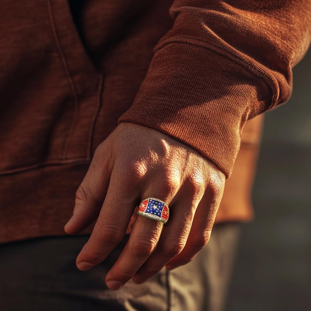 American Flag Rings for Men 14K Gold-Plated - Patriotic Chunky Ring with 5A Cubic Zirconia Border & Oil Painting Craft, Mens Fashion Jewelry 7-11 - Image 5