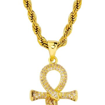 Ankh Cross Necklace for Men 14K Gold Plated - Snake Coiled Egyptian Symbol Cross Pendant with 5A Cubic Zirconia, 24" Rope Chain Men??s Jewelry