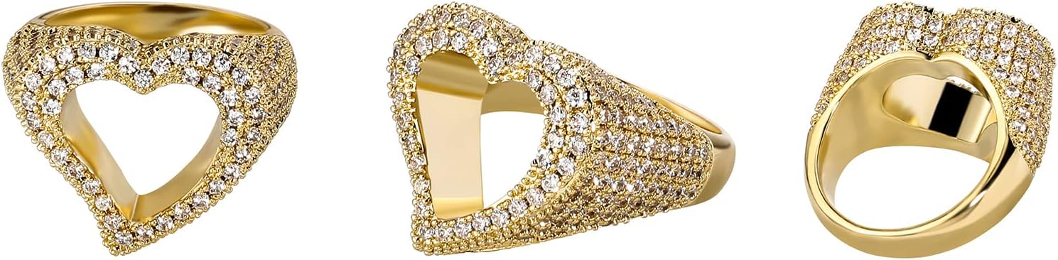 Hollow Heart Ring 14K Gold Plated Iced Out Lab Simulated Diamond Cubic Zirconia Eternity Wedding Band Ring for Men Women - Image 3