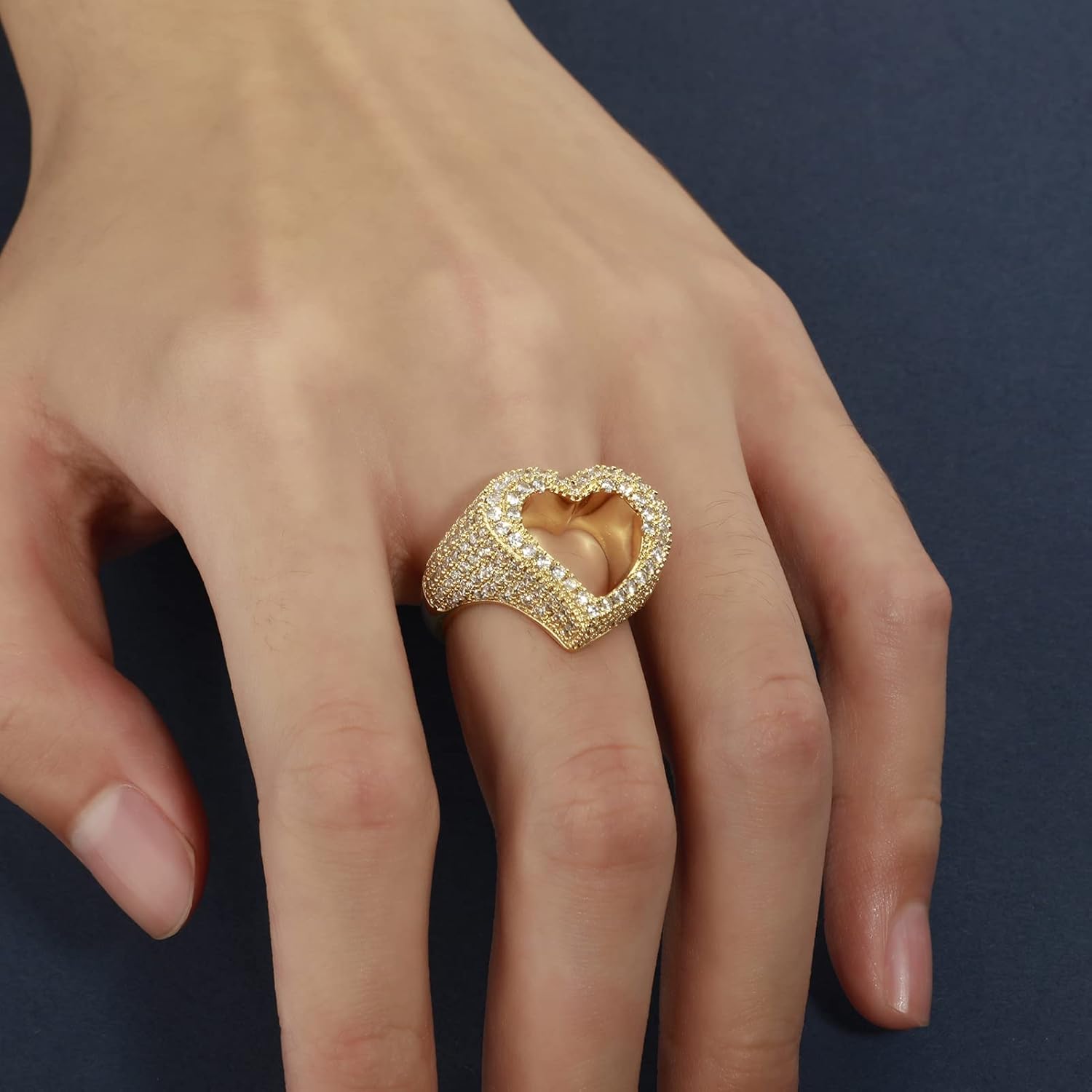 Hollow Heart Ring 14K Gold Plated Iced Out Lab Simulated Diamond Cubic Zirconia Eternity Wedding Band Ring for Men Women - Image 6