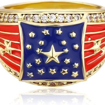 American Flag Rings for Men 14K Gold-Plated - Patriotic Chunky Ring with 5A Cubic Zirconia Border & Oil Painting Craft, Mens Fashion Jewelry 7-11