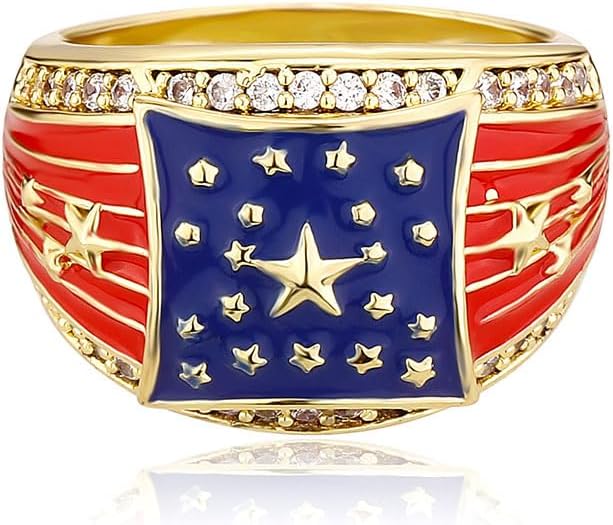 American Flag Rings for Men 14K Gold-Plated - Patriotic Chunky Ring with 5A Cubic Zirconia Border & Oil Painting Craft, Mens Fashion Jewelry 7-11