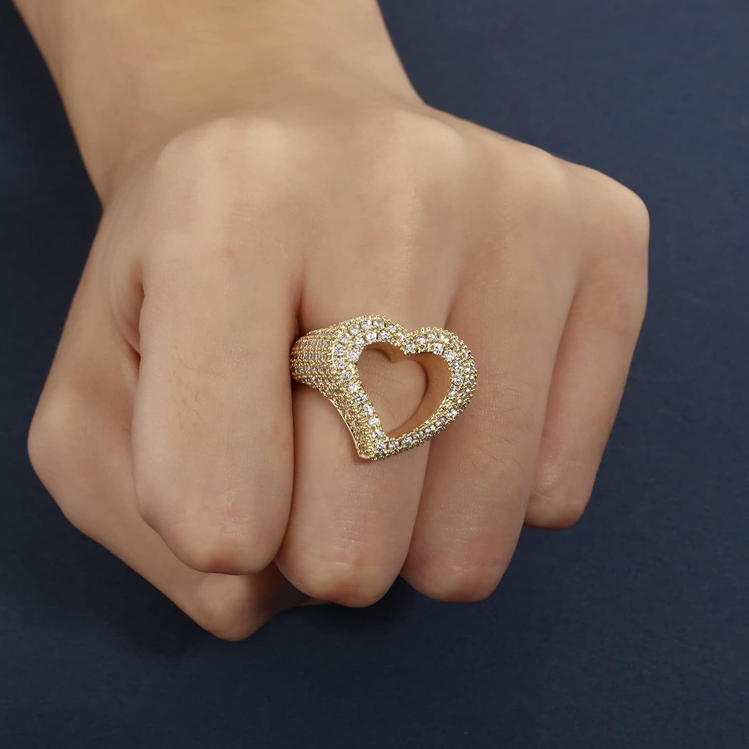 Hollow Heart Ring 14K Gold Plated Iced Out Lab Simulated Diamond Cubic Zirconia Eternity Wedding Band Ring for Men Women - Image 5
