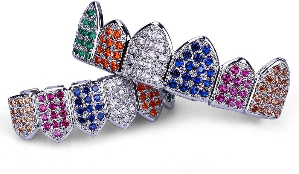 Silver Rainbow Diamond Grills for Your Teeth for Men Women 18K Gold Plated Iced Out Macro Pave Cubic Zirconia Mouth Grillz with Extra Molding Bars Included (Rainbow-S set) - Image 2