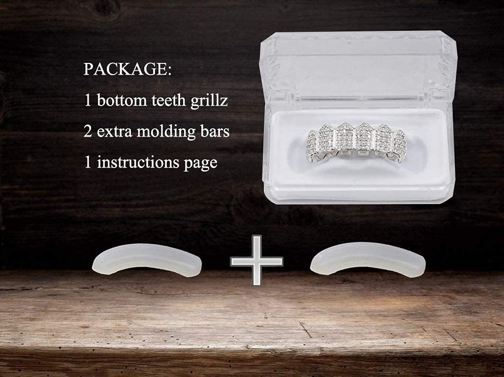 18K Gold Plated Iced out CZ Fang Top Bottom Mouth Teeth Grills Set (SILVER BOTTOM) - Image 5