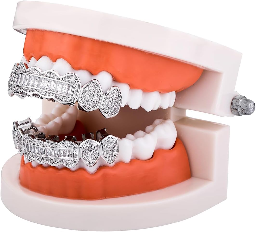 8 Tooth Grillz 14K Gold Plated Iced Out Baguette Round Simulated Diamond Grills for Your Teeth for Men Women - Image 6