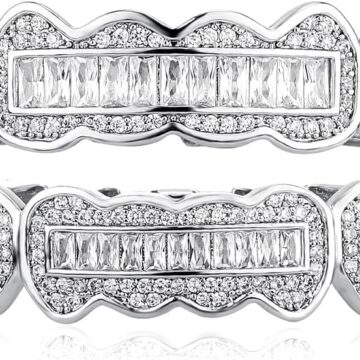 8 Tooth Grillz 14K Gold Plated Iced Out Baguette Round Simulated Diamond Grills for Your Teeth for Men Women