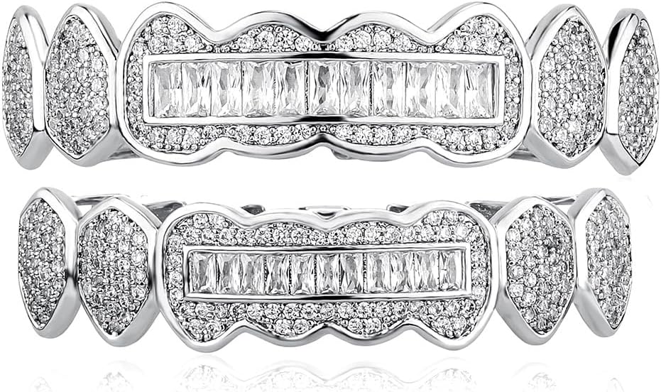 8 Tooth Grillz 14K Gold Plated Iced Out Baguette Round Simulated Diamond Grills for Your Teeth for Men Women
