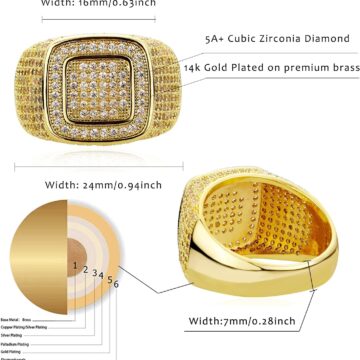 Alternative view of Men Ring 14K Gold Plated Cluster Iced Out Lab Simulated Diamond Band Micropave Bling Wedding Pinky Ring for Women