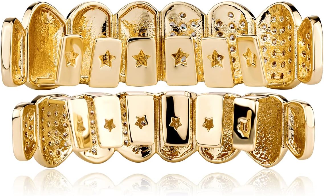 Hip Hop Half Diamond Top Bottom Grills for Your Teeth 14K Gold Plated Face Iced Out Cubic Zirconia Mouth Grillz for Men Women Fake Teeth Grill with Extra Molding Bars - Image 3