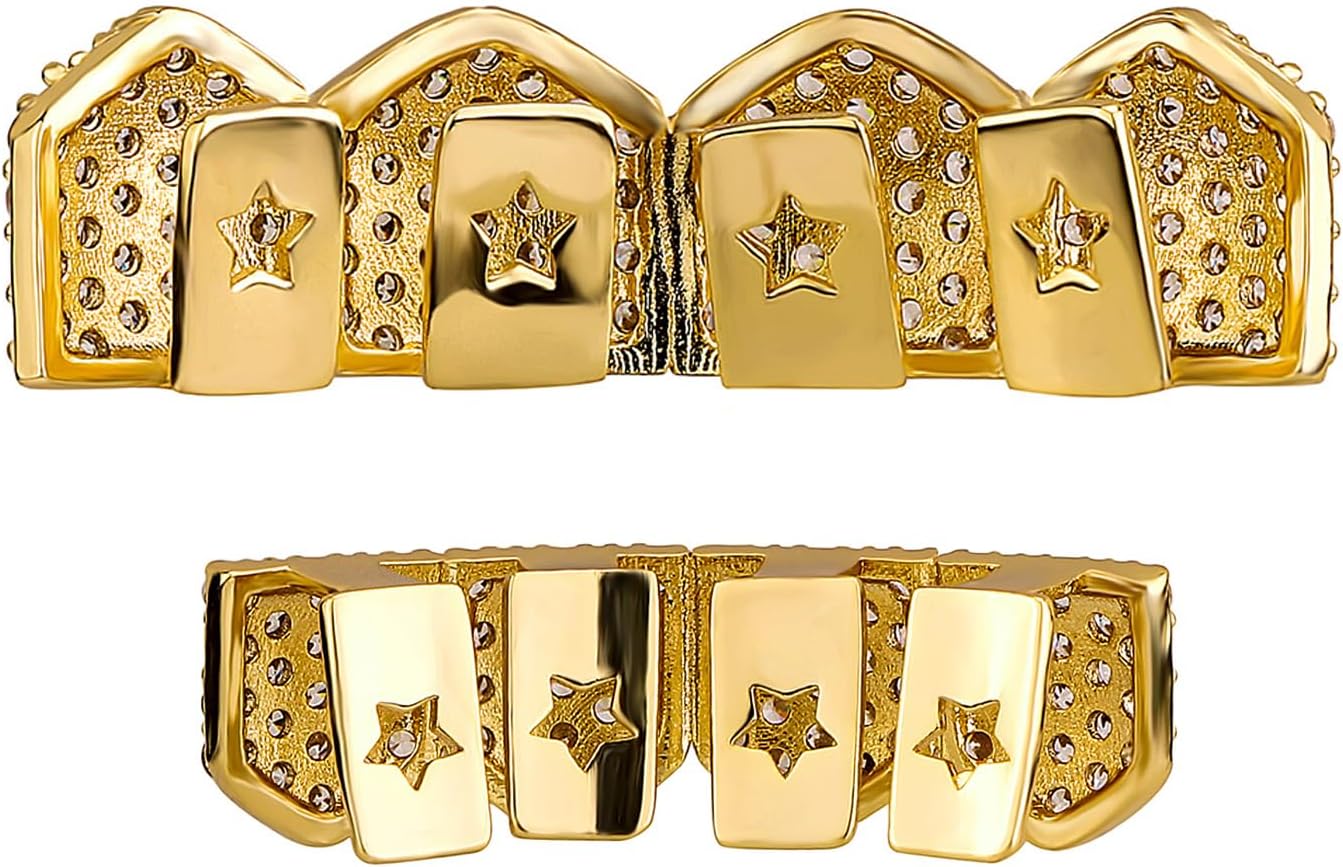 4 Tooth Grills for Your Teeth 14K Gold Plated Iced Out Cubic Zirconia Top Teeth Bottom Grillz Hip Hop Mouth Grill for Men and Women (Gold Iced Out 4 Tooth Grillz) - Image 3