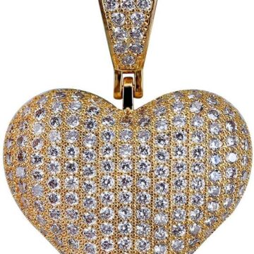 Heart Chain 14K Gold Plared Iced Out Cubic Zirconia Heart Pendant Necklace Chain for Men Women