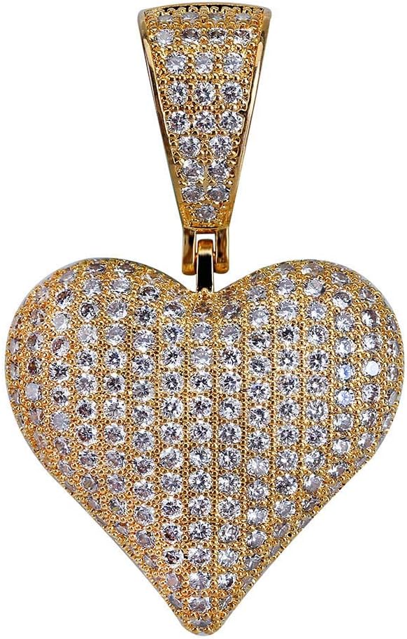 Heart Chain 14K Gold Plared Iced Out Cubic Zirconia Heart Pendant Necklace Chain for Men Women