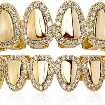 Hip Hop Grillz Iced Out Cubic Zirconia Top and Bottom Mouth Grills for Your Teeth 14K Gold Plated Grill Set for Men Women