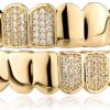 Hip Hop Half Diamond Top Bottom Grills for Your Teeth 14K Gold Plated Face Iced Out Cubic Zirconia Mouth Grillz for Men Women Fake Teeth Grill with Extra Molding Bars