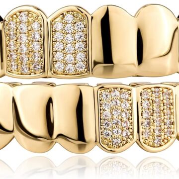Hip Hop Half Diamond Top Bottom Grills for Your Teeth 14K Gold Plated Face Iced Out Cubic Zirconia Mouth Grillz for Men Women Fake Teeth Grill with Extra Molding Bars