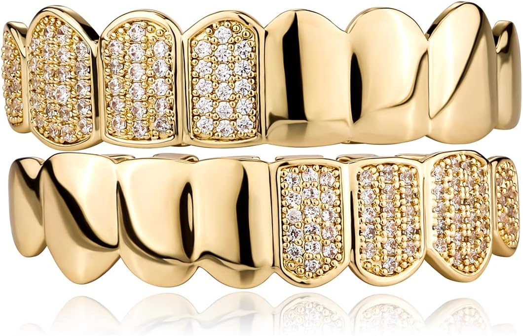 Hip Hop Half Diamond Top Bottom Grills for Your Teeth 14K Gold Plated Face Iced Out Cubic Zirconia Mouth Grillz for Men Women Fake Teeth Grill with Extra Molding Bars