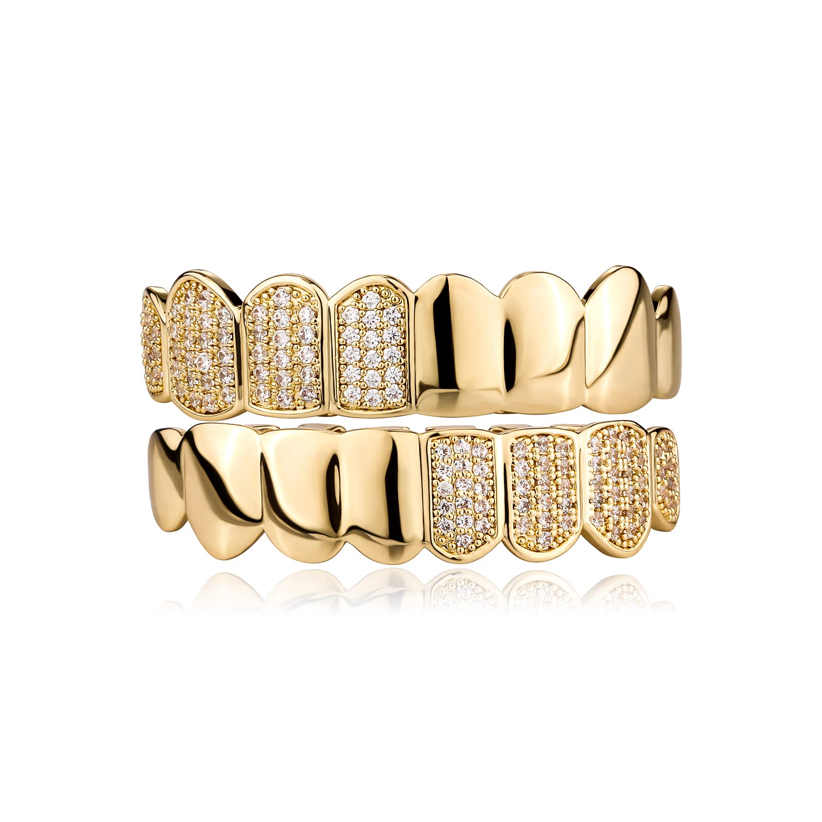 Hip Hop Half Diamond Top Bottom Grills for Your Teeth 14K Gold Plated Face Iced Out Cubic Zirconia Mouth Grillz for Men Women Fake Teeth Grill with Extra Molding Bars - Image 7