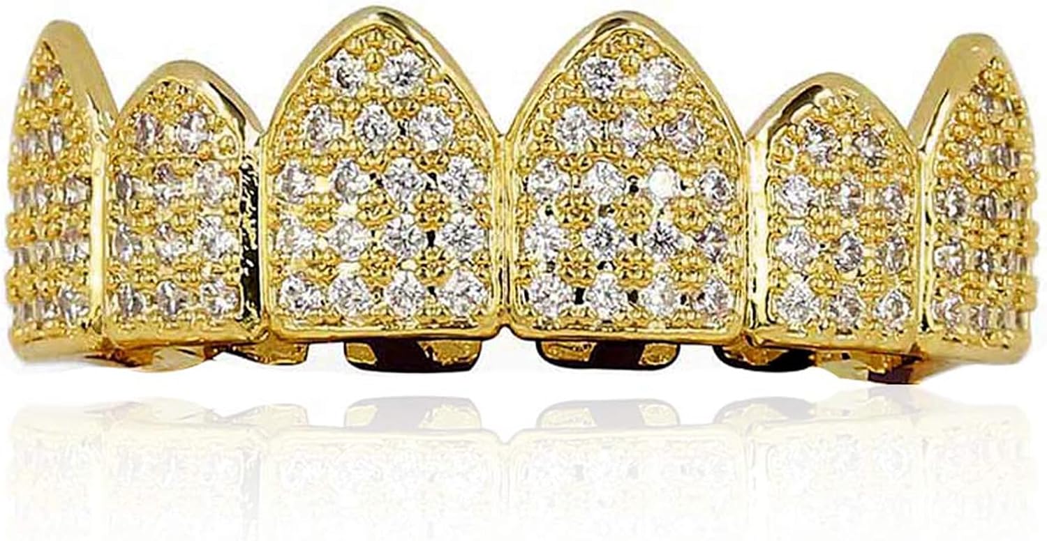 Grillz Diamond Grills for Your Teeth for Men Women 18K Gold Plated Iced Out Macro Pave Cubic Zirconia Mouth Grill with Extra Molding Bars Included