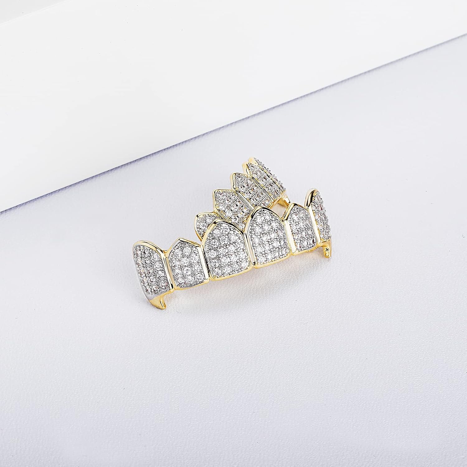 18K Gold Plated Iced Out CZ Grillz Fang Top Bottom Mouth Teeth Grills Set for Men Women - Image 3