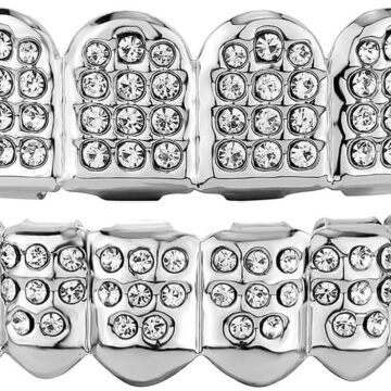Diamond Grills for Your Teeth 14K Gold Plated Iced Out Mouth Teeth Grillz Top Bottom Tooth Caps Hip Hop Bling New Gold Silver Grill for Men Women Costume Jewelry