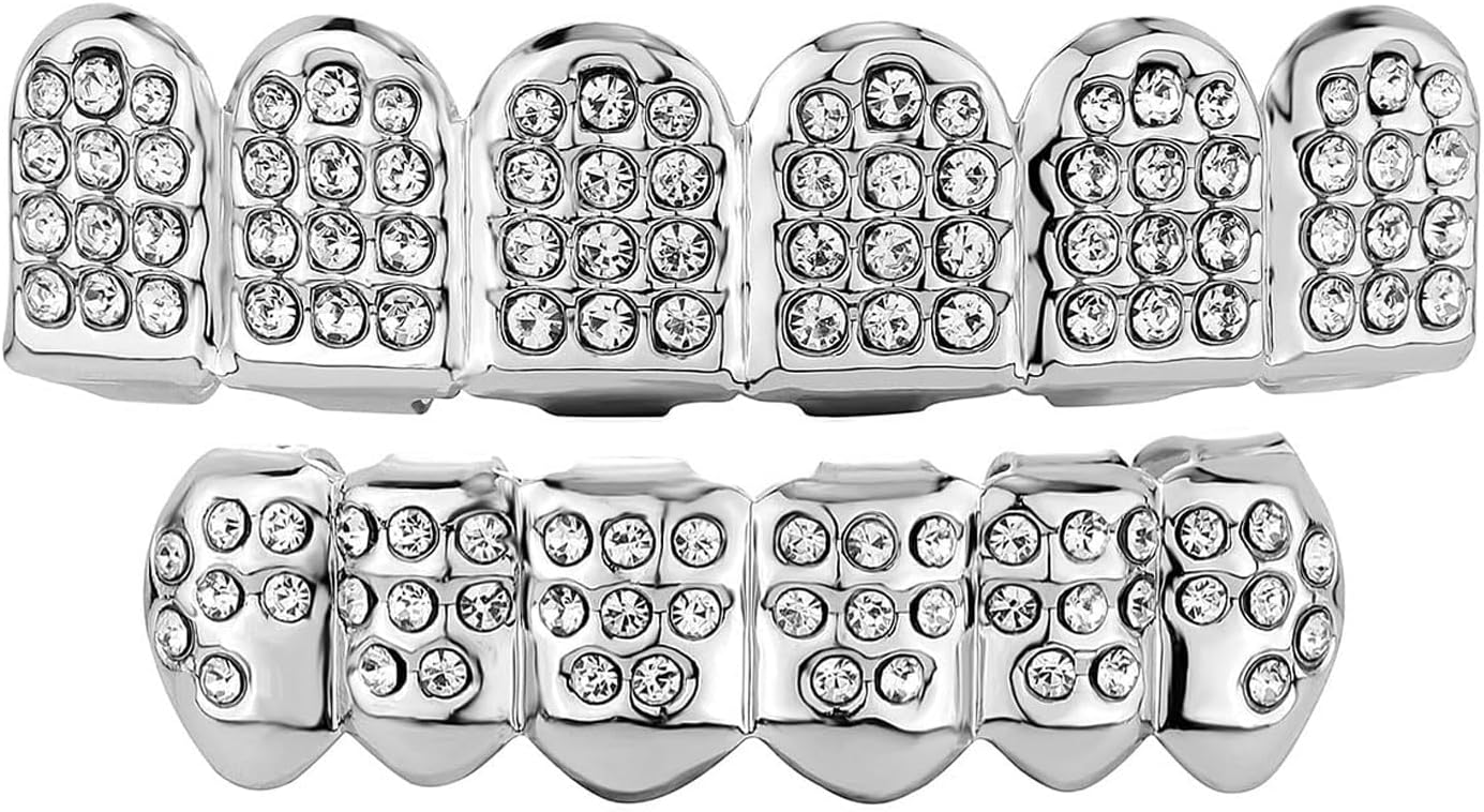 Diamond Grills for Your Teeth 14K Gold Plated Iced Out Mouth Teeth Grillz Top Bottom Tooth Caps Hip Hop Bling New Gold Silver Grill for Men Women Costume Jewelry