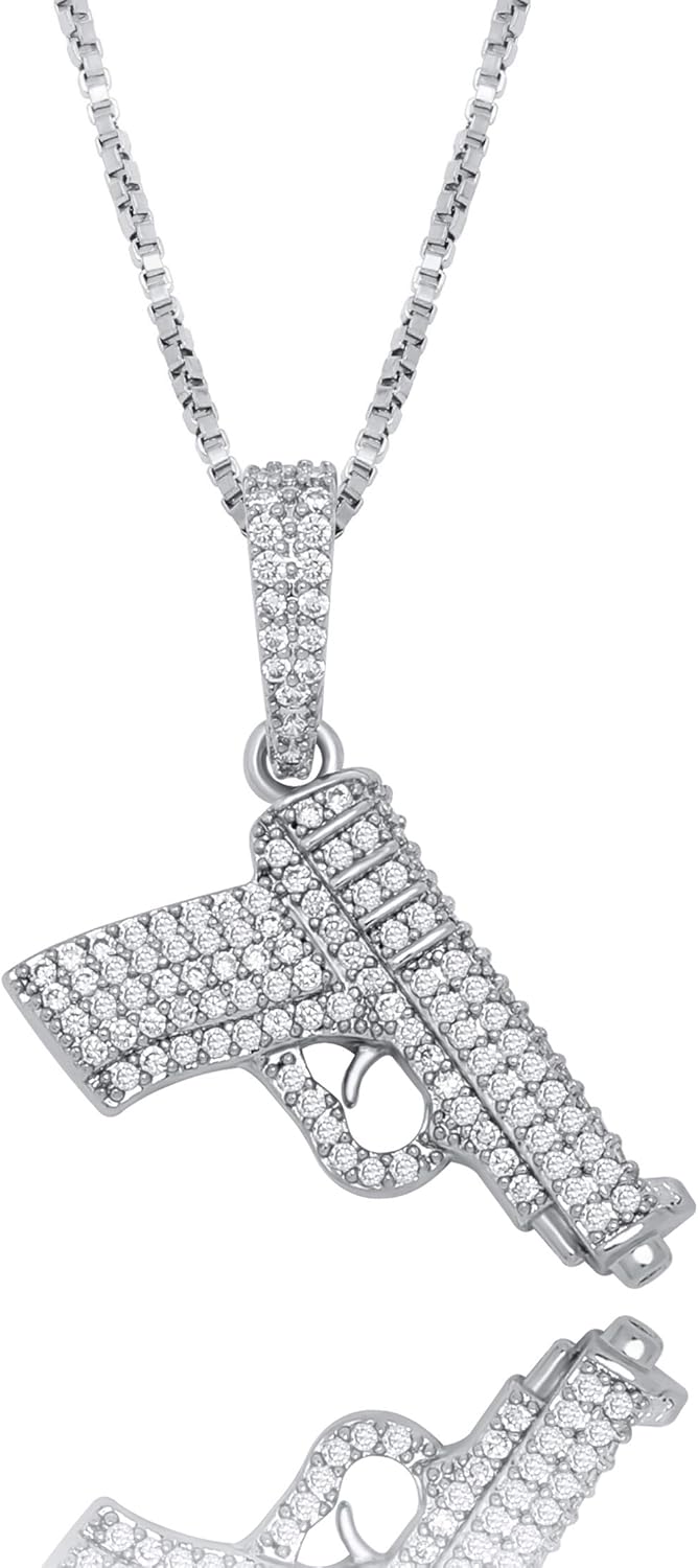 925 Sterling Silver Dainty Rifle Hand Gun Desert Eagle Pendant 14K Gold Plated Fully Iced Out Cubic Zirconia Necklace Gift for Men Women
