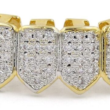 18K Gold Plated Iced Out CZ Grillz Fang Top Bottom Mouth Teeth Grills Set for Men Women