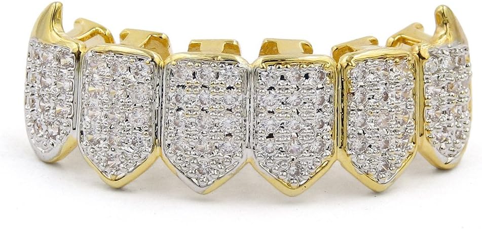 18K Gold Plated Iced Out CZ Grillz Fang Top Bottom Mouth Teeth Grills Set for Men Women